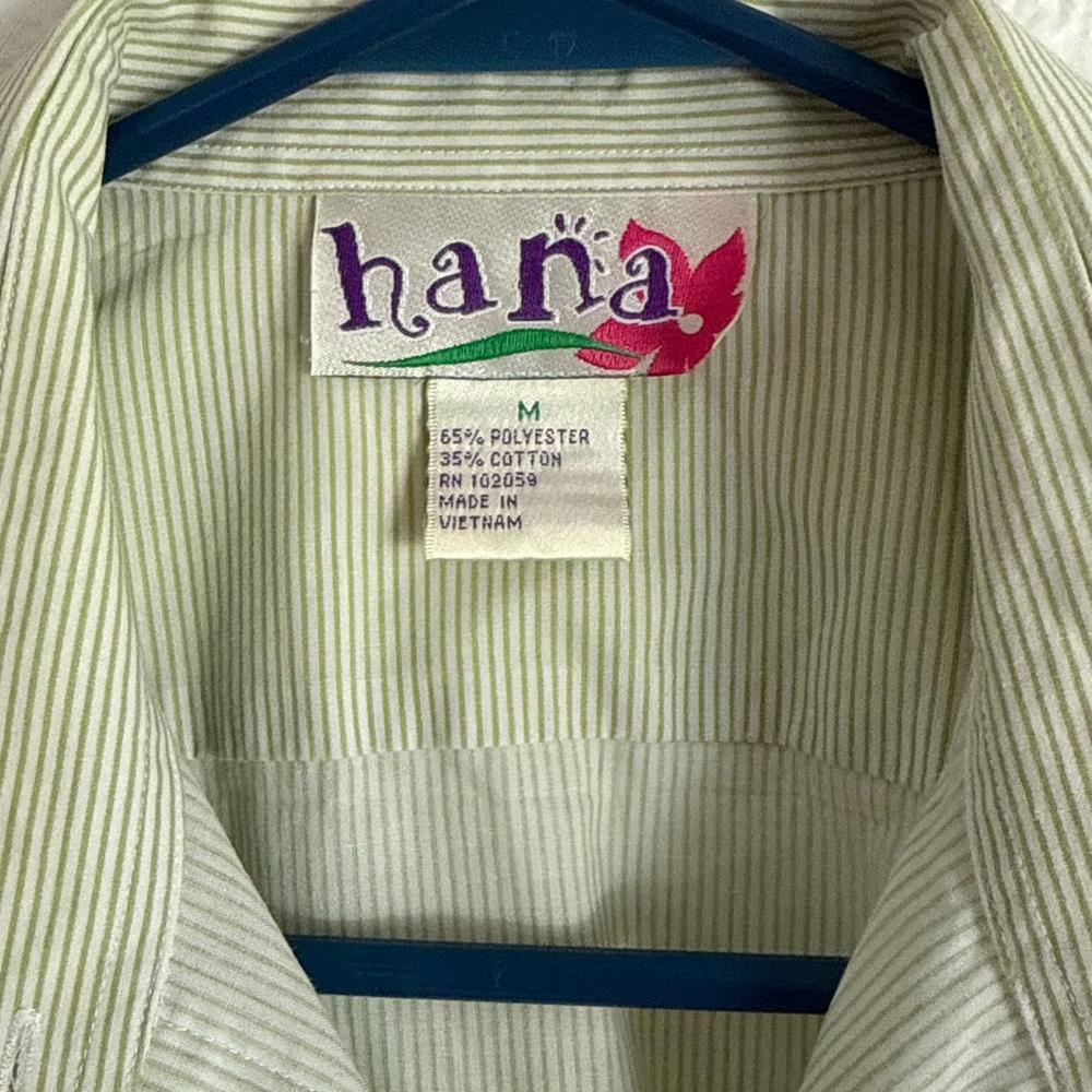 Hana Button Up Shirt Womens Medium Embroidered Gardening Theme Green Striped - Picture 5 of 8